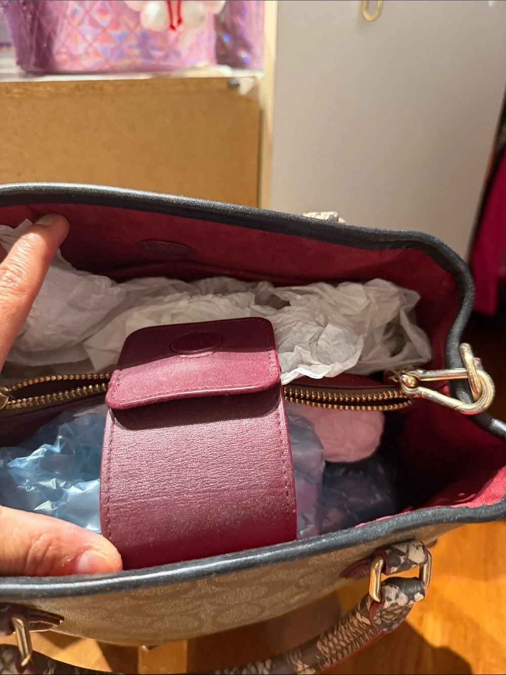 Coach Brown Signature Satchel with Pink-Trim Handles